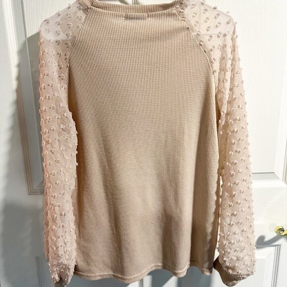 MIHOLL Large Solid Cream Sheer Pompom Balloon Sleeves Waffle Knit Shirt - Picture 4 of 4